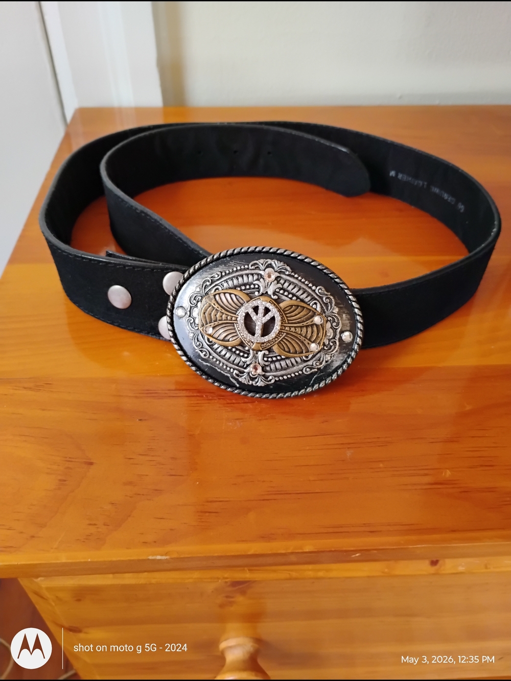 Source Unknown Black Belt with Ornate Silver and Gold Western Buckle